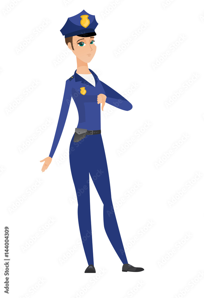 Disappointed caucasian policewoman with thumb down
