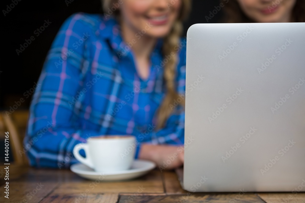 Cropped image of friends using laptop in coffee shop Cropped image of friends using laptop in coffee shop
