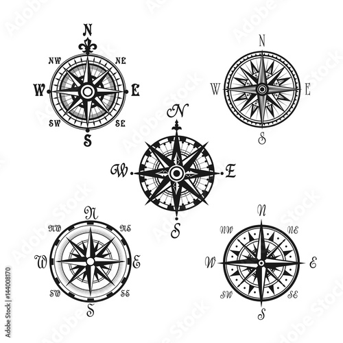Marine or nautical compass navigation vector icons