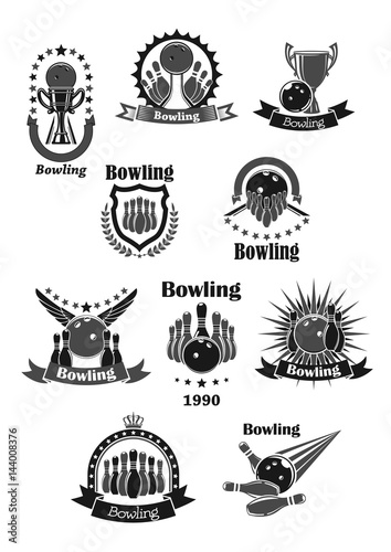 Bowling game championship awards vector icons set