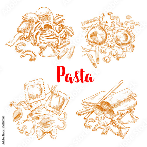Pasta or italian macaroni vector sketch poster