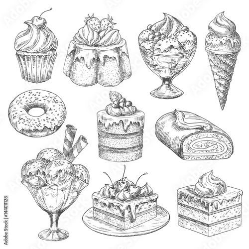 Vector desserts and cakes for bakery sketch icons