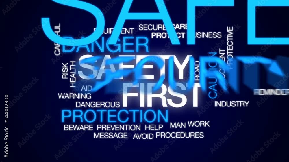 Safety first animated word cloud, text design animation.