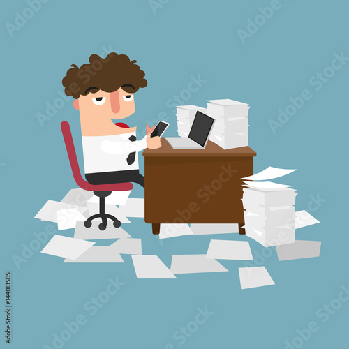 Businessman using mobile phone at work.concept of procrastination.illustration.
