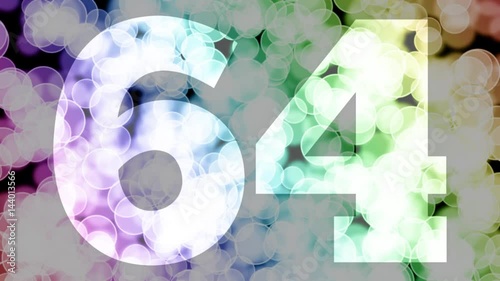 Sixty four to sixty five years birthday fade in/out animation with color gradient moving bokeh background. Animation: 90 frames still with number, 180 fade out, 30 clear, 180 fade in, 300 still.
 photo