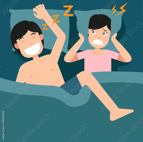 Man snoring and woman can not sleep,Sleeping problems,Unhealthy lifestyle.illustration.