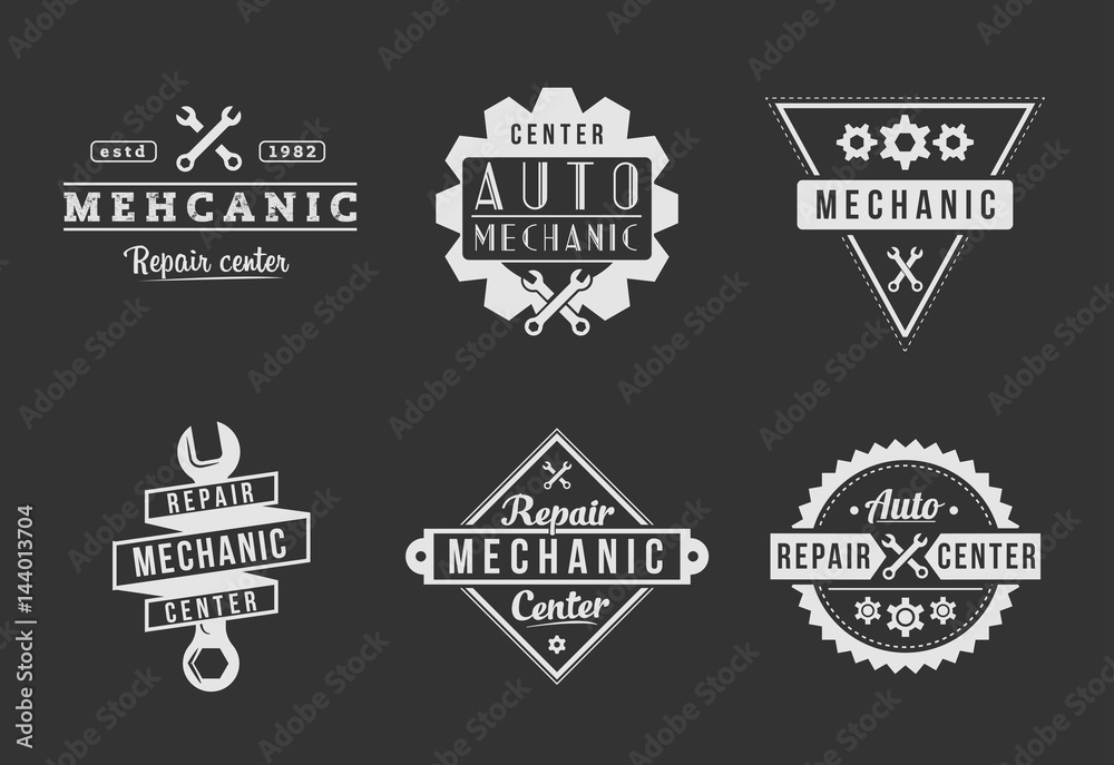 Black and white auto mechanic logo set