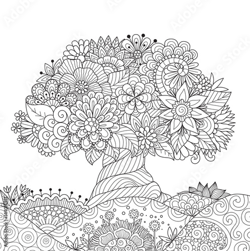 Beautiful abstract tree for design element and adult coloring book pages. Vector illustration photo