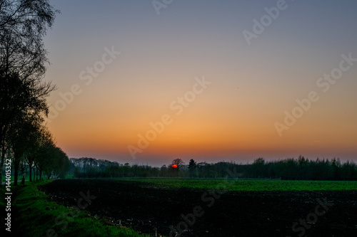 big long green field at sunset with beautiful view