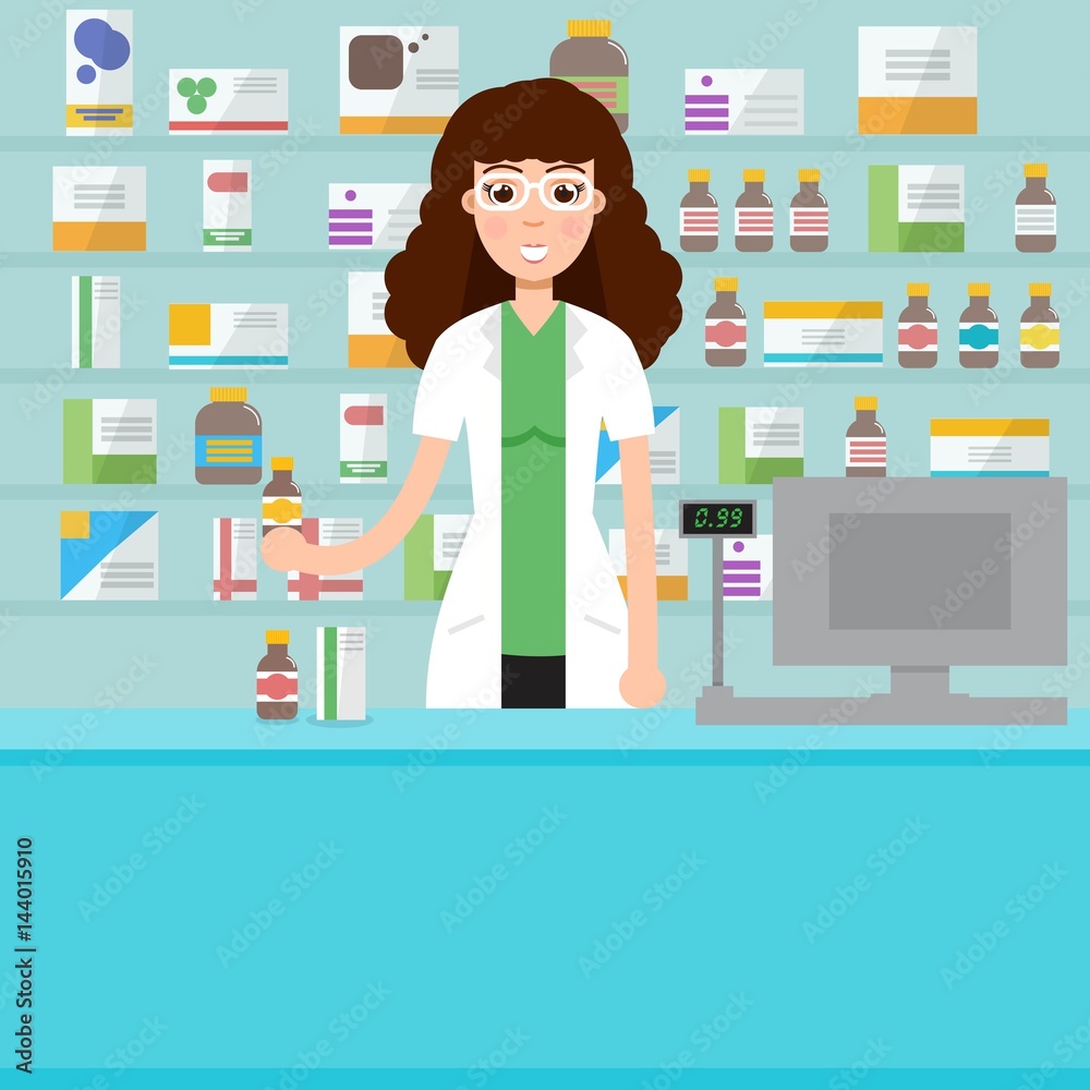 Woman, female pharmacist with shelves with medicines. Vector illustration. Woman, female pharmacist with shelves with medicines. Vector illustration.