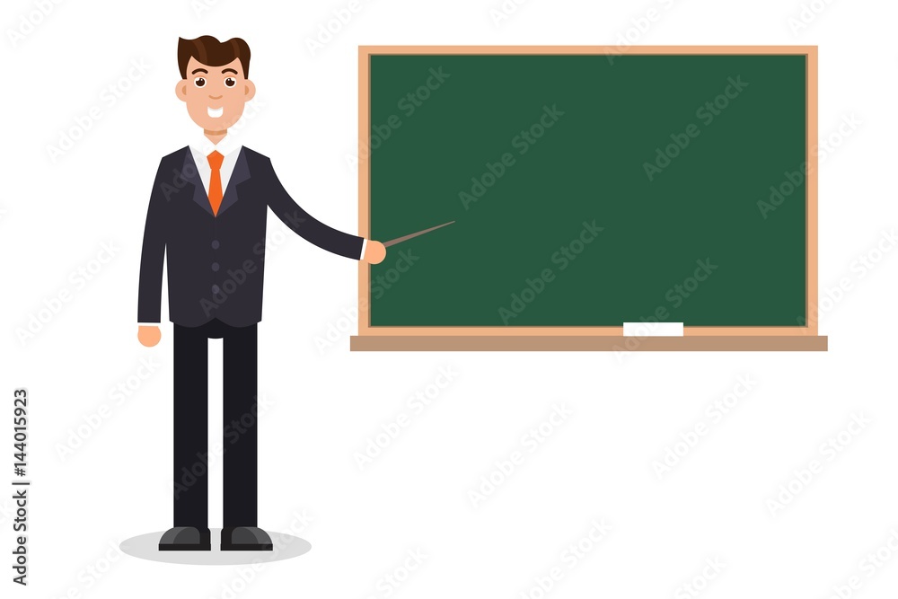 Man, male teacher on lesson at blackboard. Vector illustration Man, male teacher on lesson at blackboard. Vector illustration