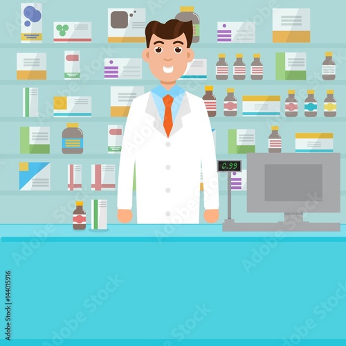 Man, male pharmacist with shelves with medicines. Vector illustration.