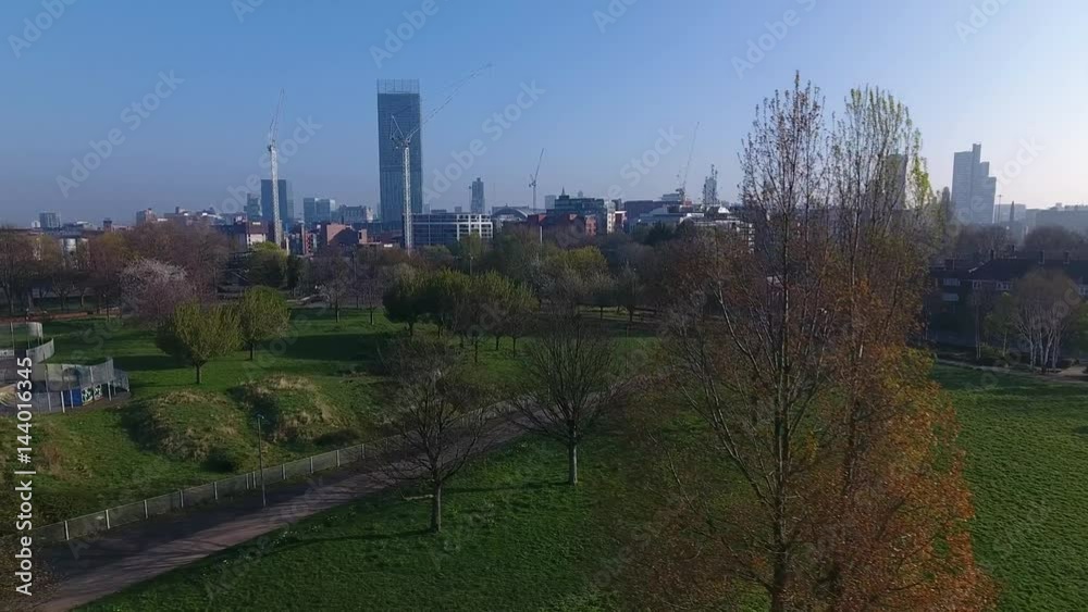 Low aerial drone shot of Manchester city centre, UK. Low aerial drone shot of Manchester city centre, UK.
