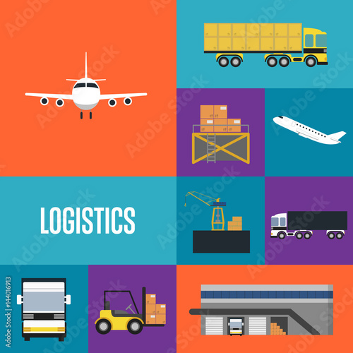 Logistics and freight transportation icons isolated vector illustration. Cargo jet airplane, freight crane, forklift with boxes, warehouse terminal, commercial truck. Worldwide delivery transportation