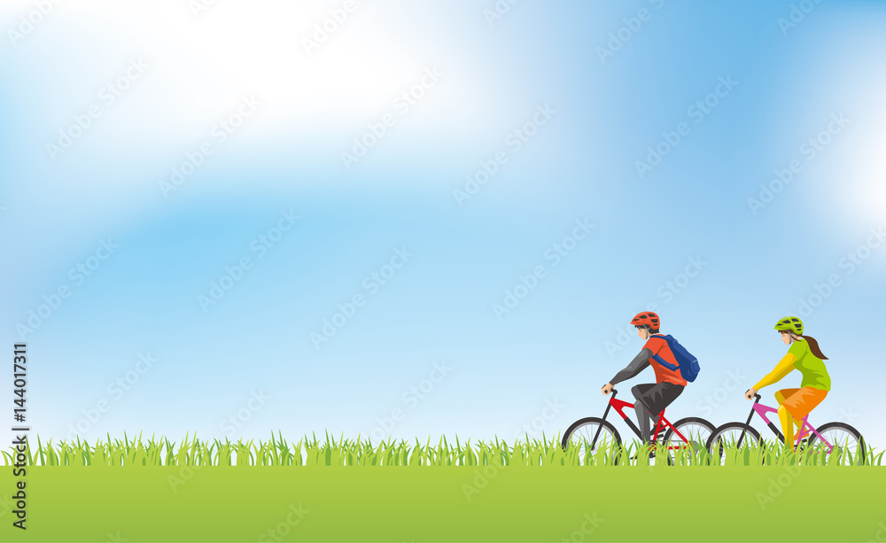 草原でサイクリングをするイメージイラスト 男女 Stock Vector Adobe Stock