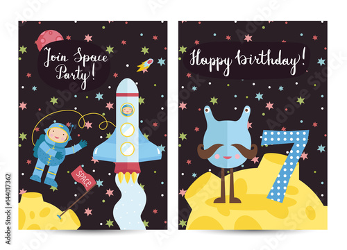 Happy birthday cartoon greeting card on space theme. Alien with number seven on moon surface, spaceship with astronaut in cosmos vector illustrations. Bright invitation on childrens costumed party