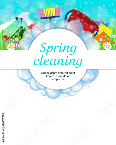 Spring cleaning service concept. Tools for cleanliness and disinfection. Soap bubbles frame. Vector