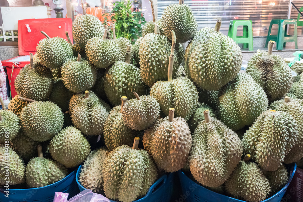 Pile of durian In the basket for sale.