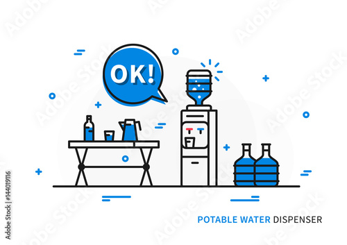 Potable water dispenser vector illustration. Office and home equipment for drinking water creative concept. Cooler with heat and cold water functions line art. 
