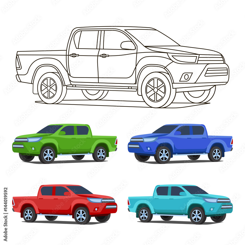Pickup truck set outline and colored vector illustration
