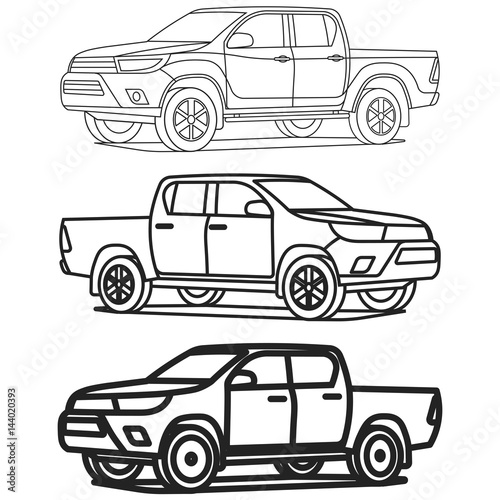 Pickup truck outline set on white background drawing vector illustration