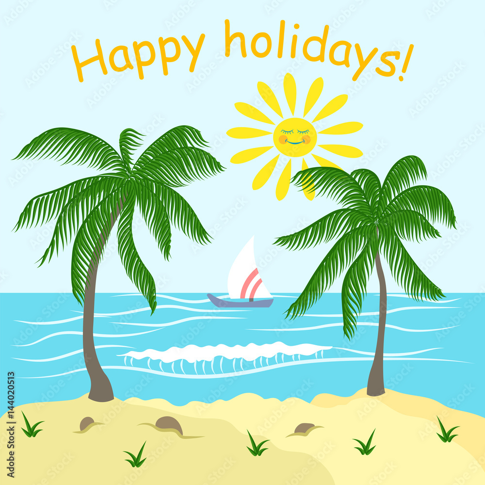 Postcard, banner with summer elements, palm trees, sea, yacht, sun, welcoming text.