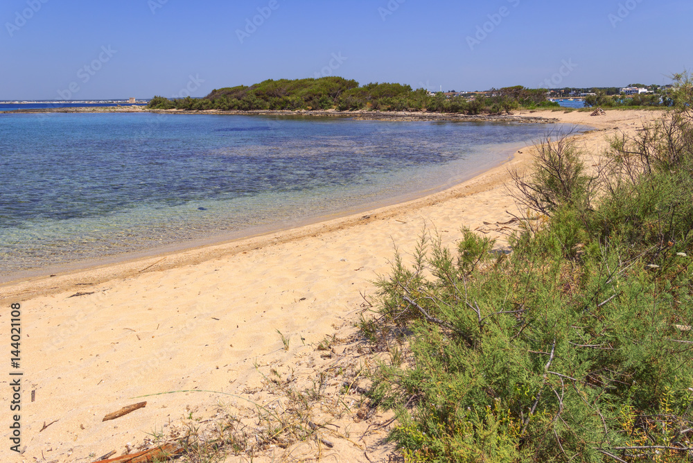 Summer holidays.Ionian coast of Salento:Porto Cesareo (Lecce).- ITALY (Apulia) -In the background Porto Cesareo town seen from the Big Island (or Isola Grande) Nature Reserve.	
	
