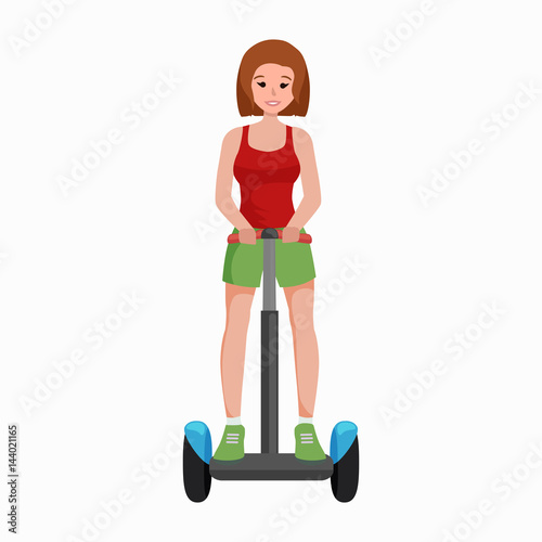 active peoples fun with electric scooter, new modern technology hoverboard, woman self balance wheel transport gyroscooter ride the street vector illustrator