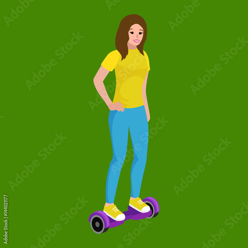 active peoples fun with electric scooter, new modern technology hoverboard, woman self balance wheel transport gyroscooter ride the street vector illustrator