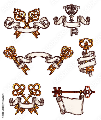 Vintage keys vector icons sketch decor set
