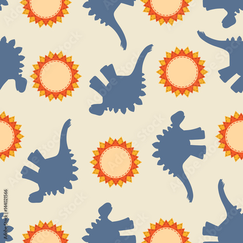Children's seamless pattern with silhouettes of dinosaurs and the sun