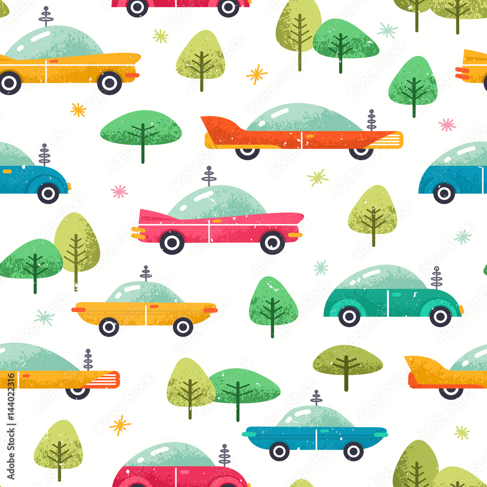 Cute cars seamless pattern. Colorful cars background. Vector illustration