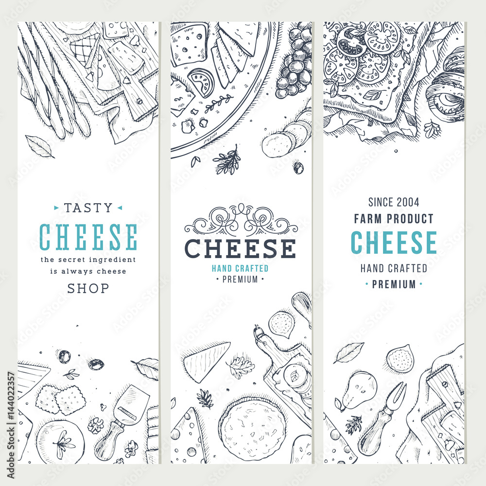 Cheese vertical banner collection. Antipasto table background. 