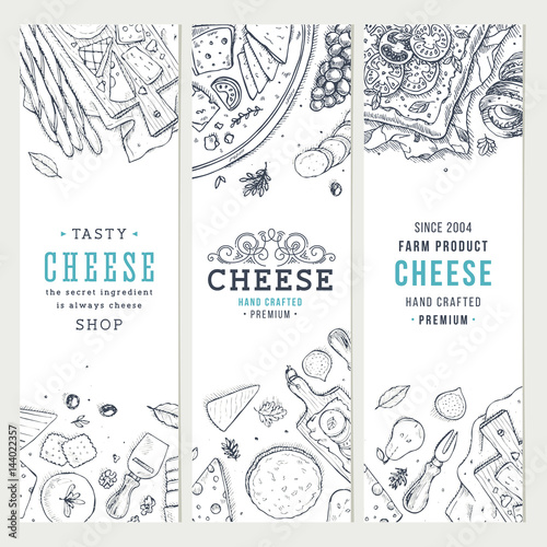 Cheese vertical banner collection. Antipasto table background. 