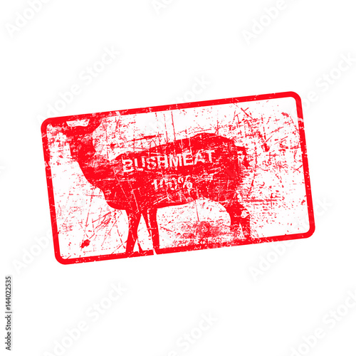 red grunge dirty rubber stamp with a deer silhouette and word BUSHMEAT 100% photo