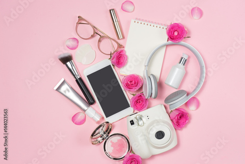 Fashion Cosmetic Makeup with Rose. Flat lay, top view on pink background