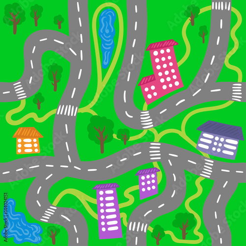 Kid town map - seamless vector city pattern for children.