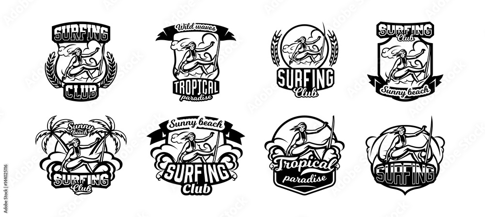Set of monochrome logos, emblems, girl surfer. Surfing on the waves, the beach, weekend, extreme sport. Vector illustration.