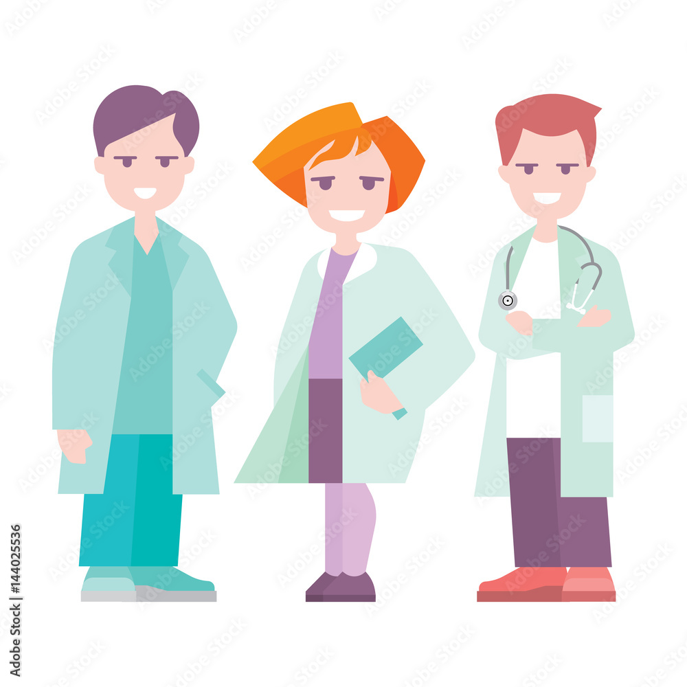 Team doctors on a white background. Vector illustration in cartoon style