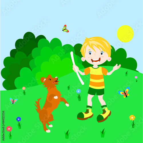 Boy playing with dog