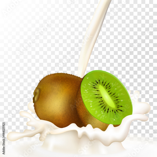 Kiwi with milk, fruit milkshake. Realistic kiwi and milk splashes on a transparent background. Vector.