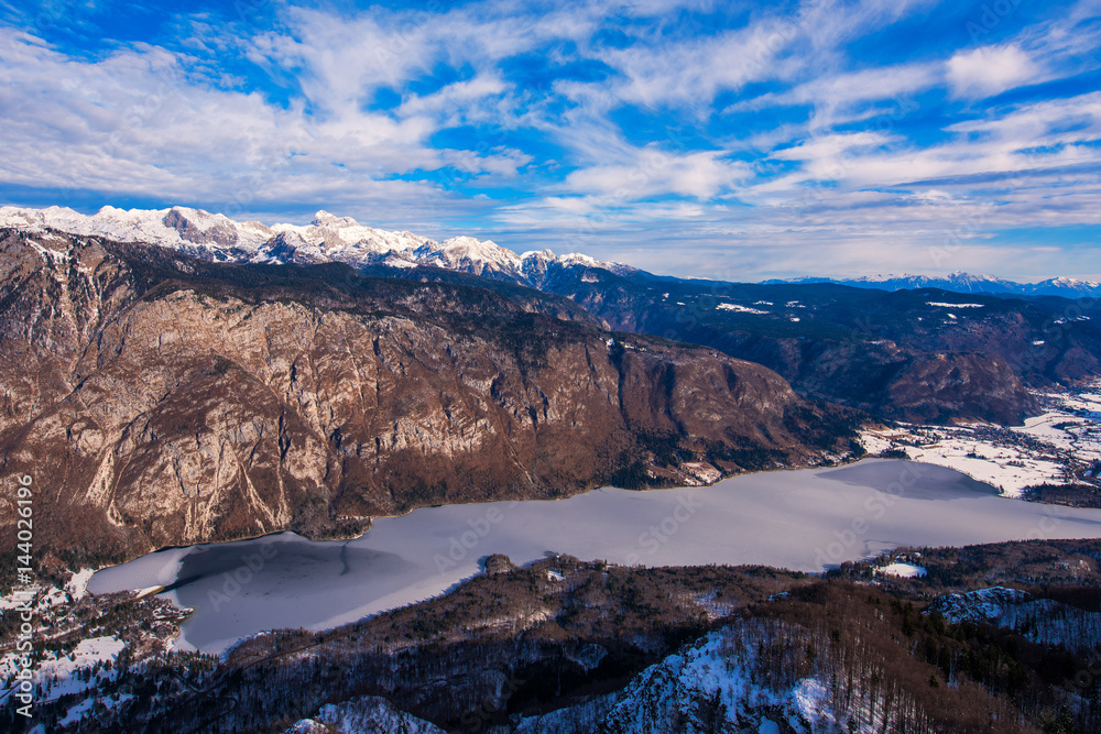 Triglav mountain above Bohinj lake valley in winter time
