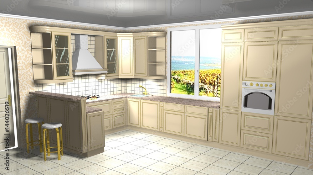kitchen classic 3D rendering design interior