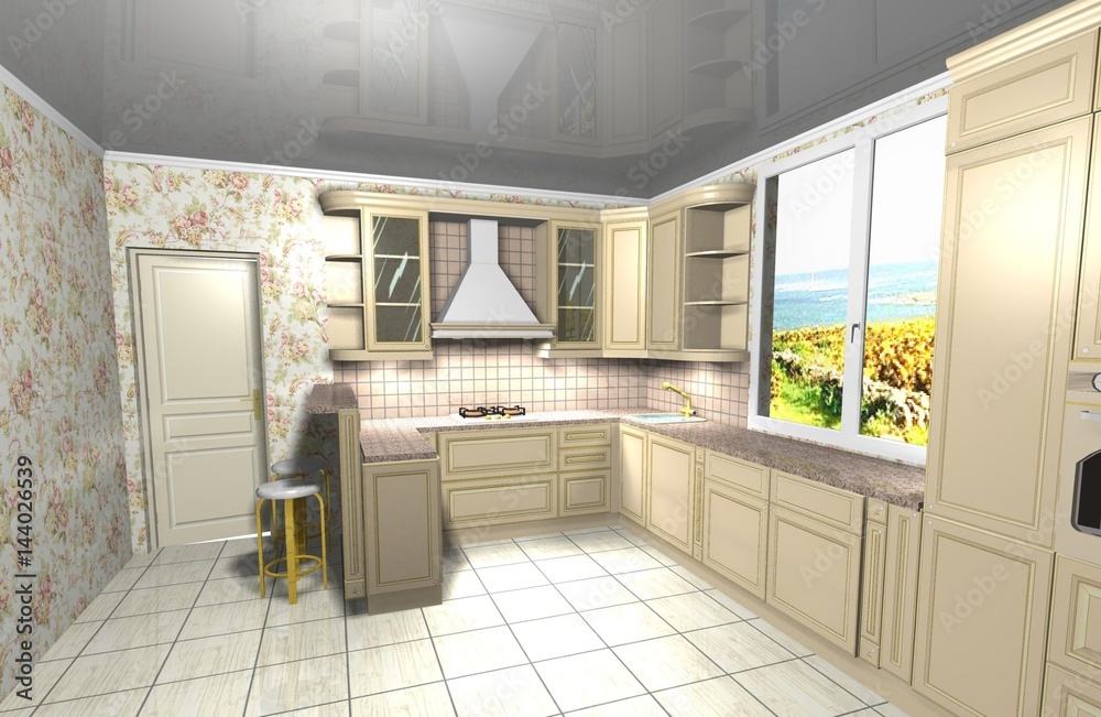 Fototapeta premium kitchen classic beige 3D rendering design interior