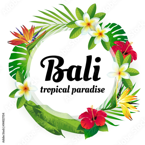 Wreath from tropical flowers and plants. Tropical paradise. Bali. 