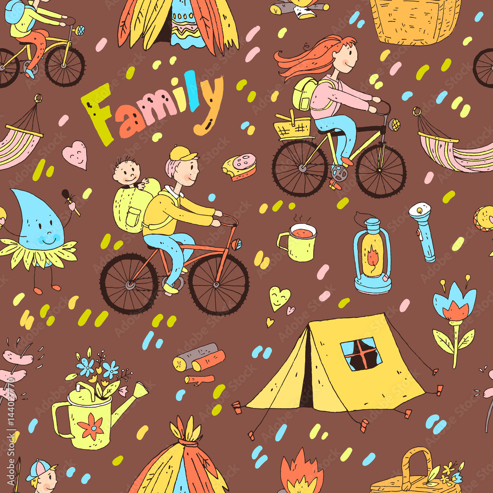 Vector seamless pattern with cute doodle family. Equipment for c Vector seamless pattern with cute doodle family. Equipment for c