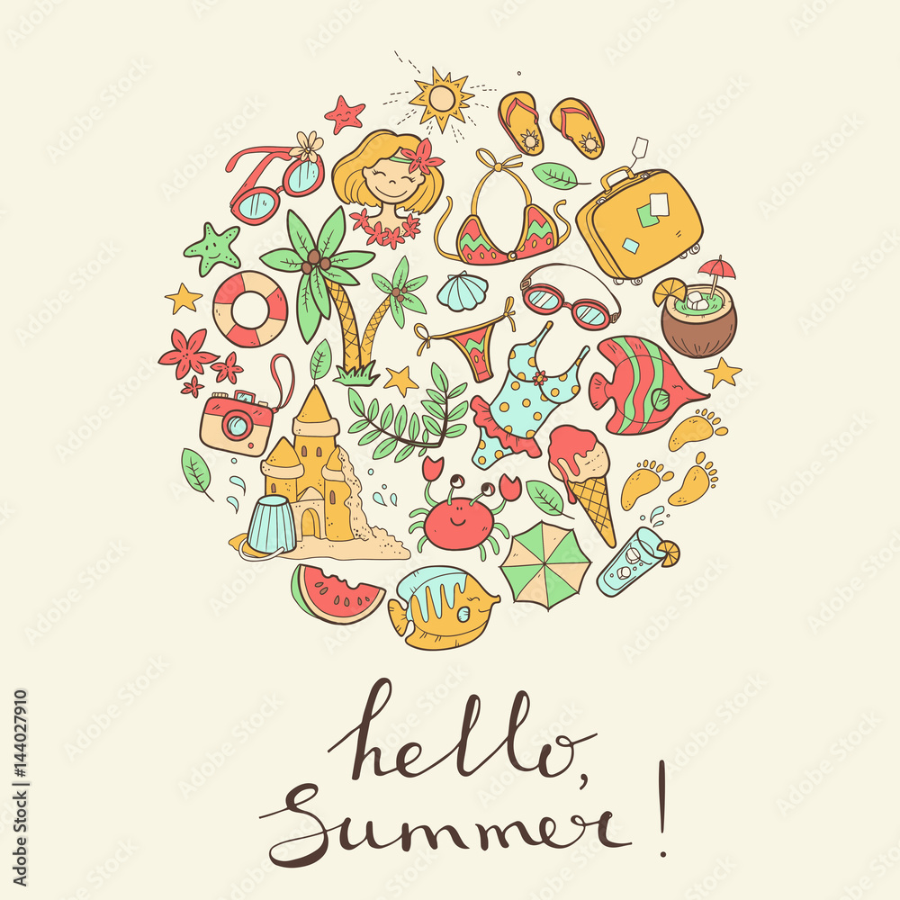 Vector cute doodle round illustration Hello summer. The sea, the Vector cute doodle round illustration Hello summer. The sea, the