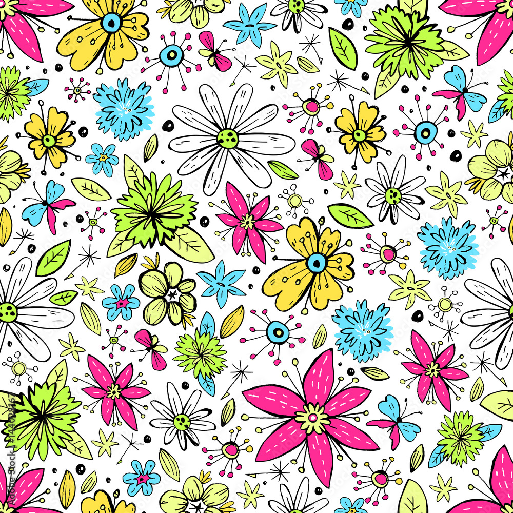 Vector seamless pattern with hand drawn doodle flowers and butte