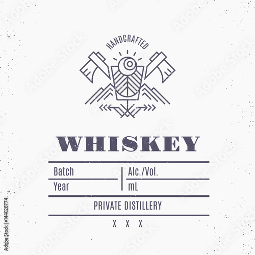 Vintage alcohol drink label design with ethnic elements in thin line style.