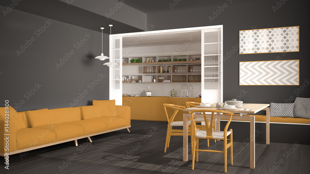 Minimalist kitchen and living room with sofa, table and chairs, gray and yellow modern interior design Minimalist kitchen and living room with sofa, table and chairs, gray and yellow modern interior design